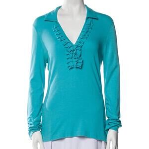 Tory Burch Turquoise Long Sleeve V-Neck Ruffle Blouse